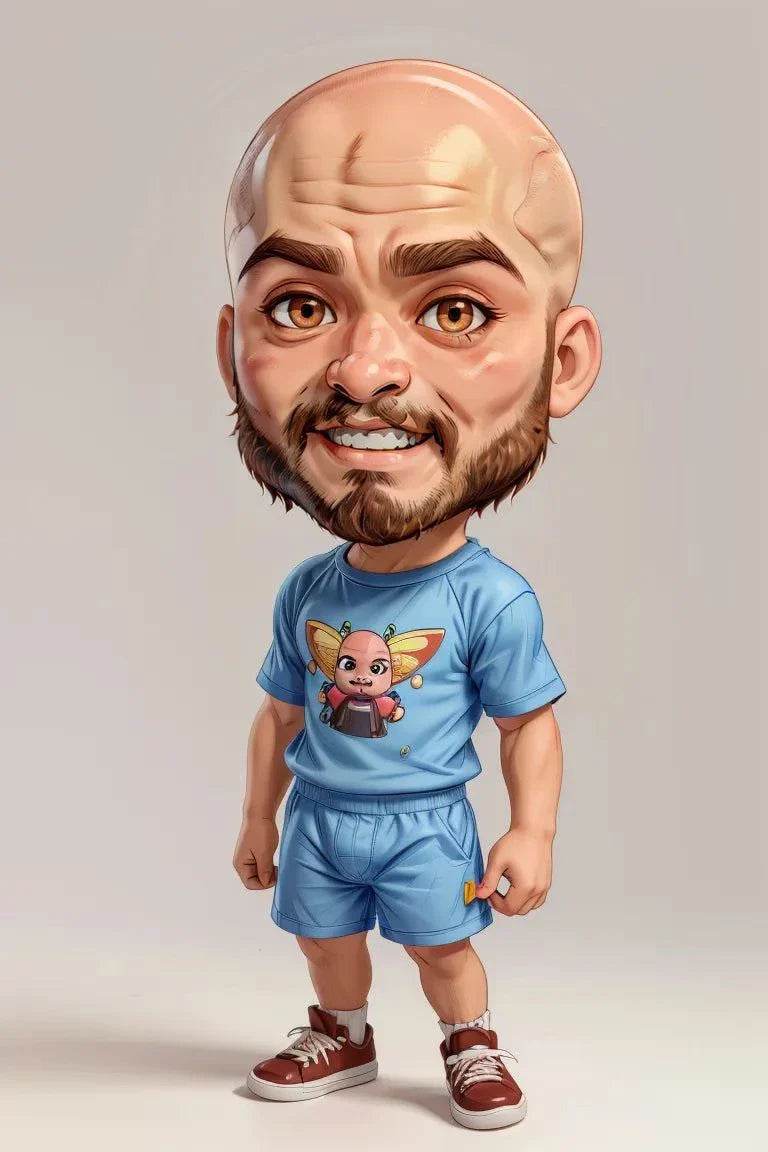 Custom A.I. Art caricature featuring a cartoon-style man with large head and expressive features wearing a blue outfit.