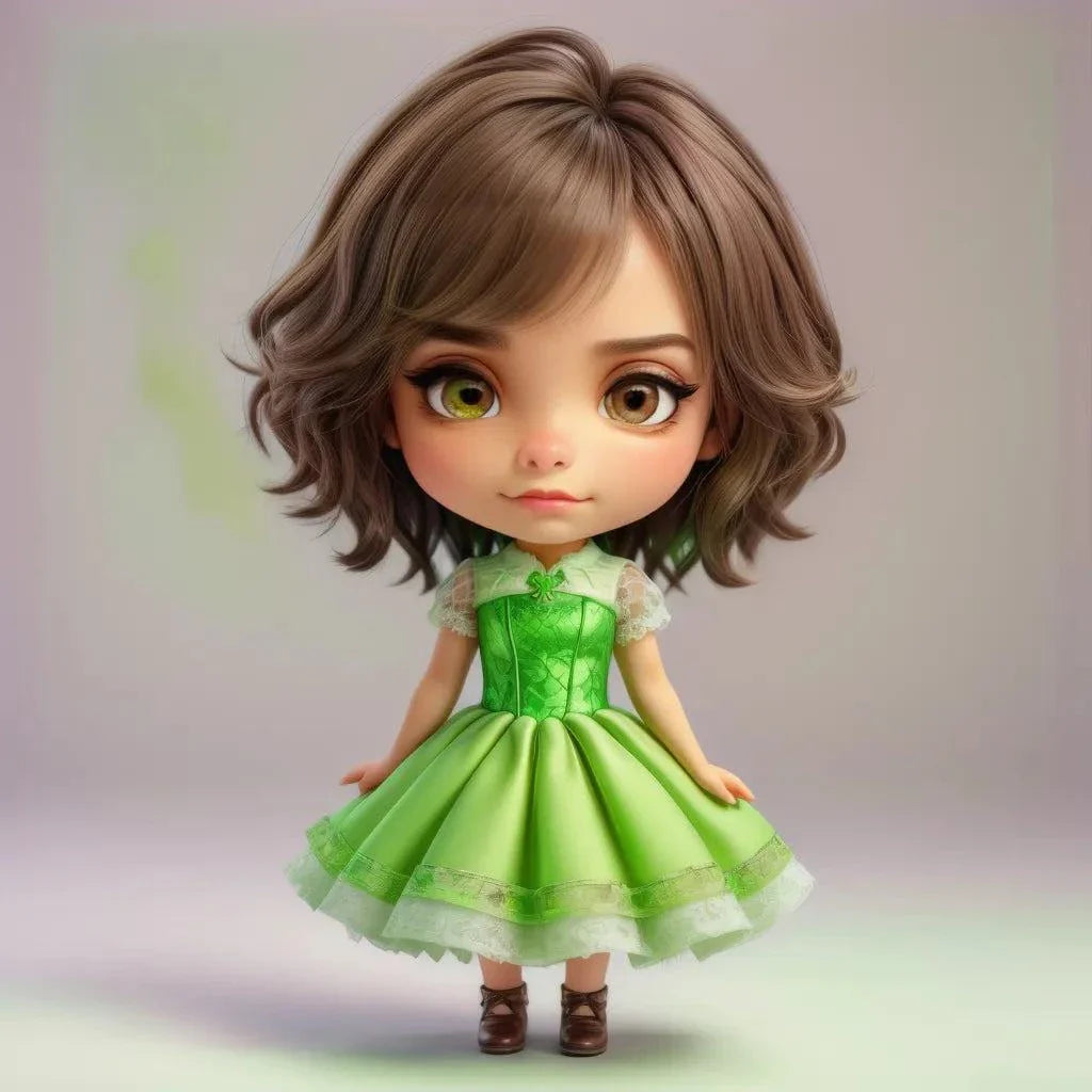Custom A.I. art doll with short hair and green dress.