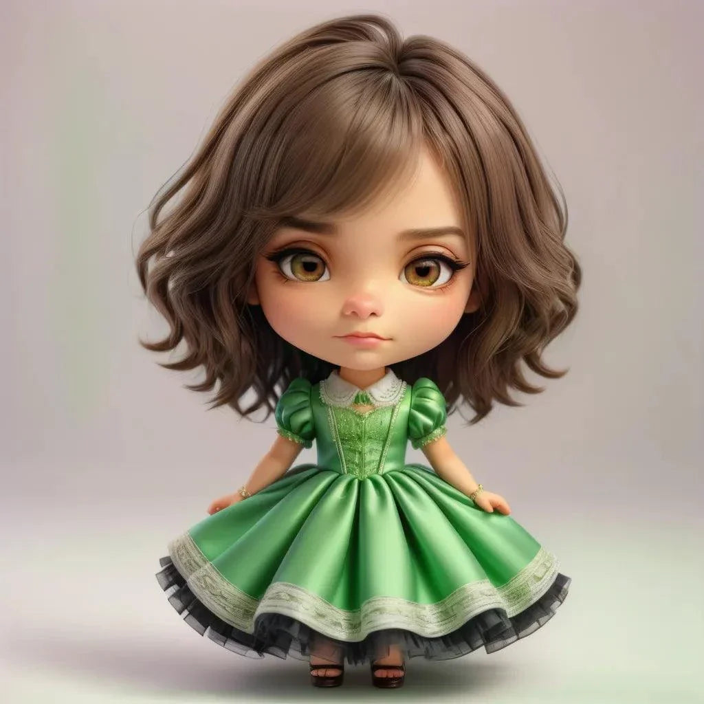 Custom A.I. Art digital download featuring a doll-like character with brown hair and a green dress.