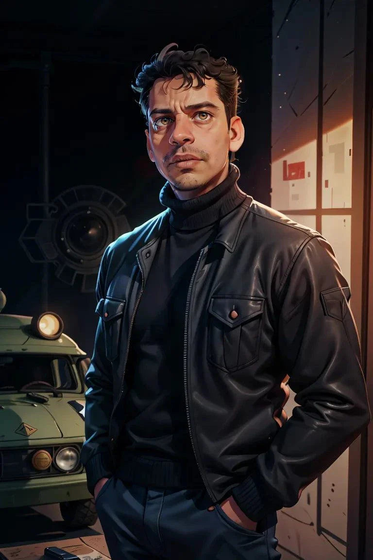 Custom A.I. Art transformation example - man in leather jacket with futuristic backdrop.