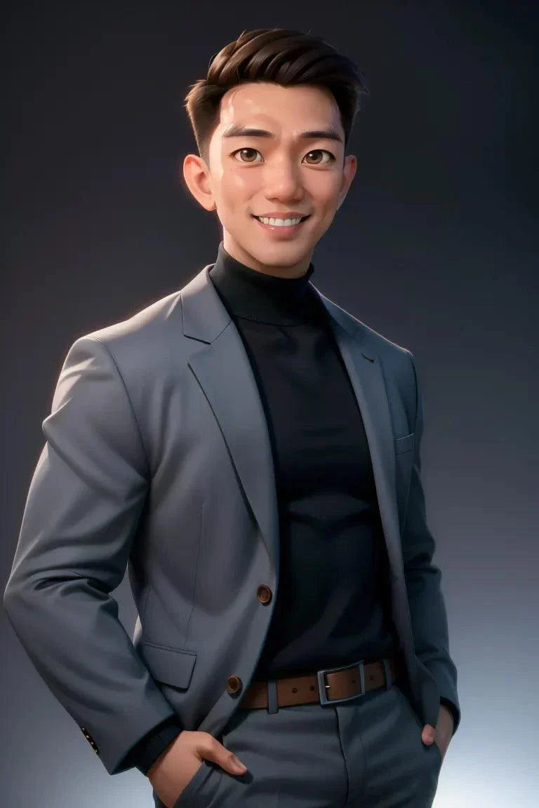 Custom A.I. Art male portrait in a gray suit and black turtleneck.