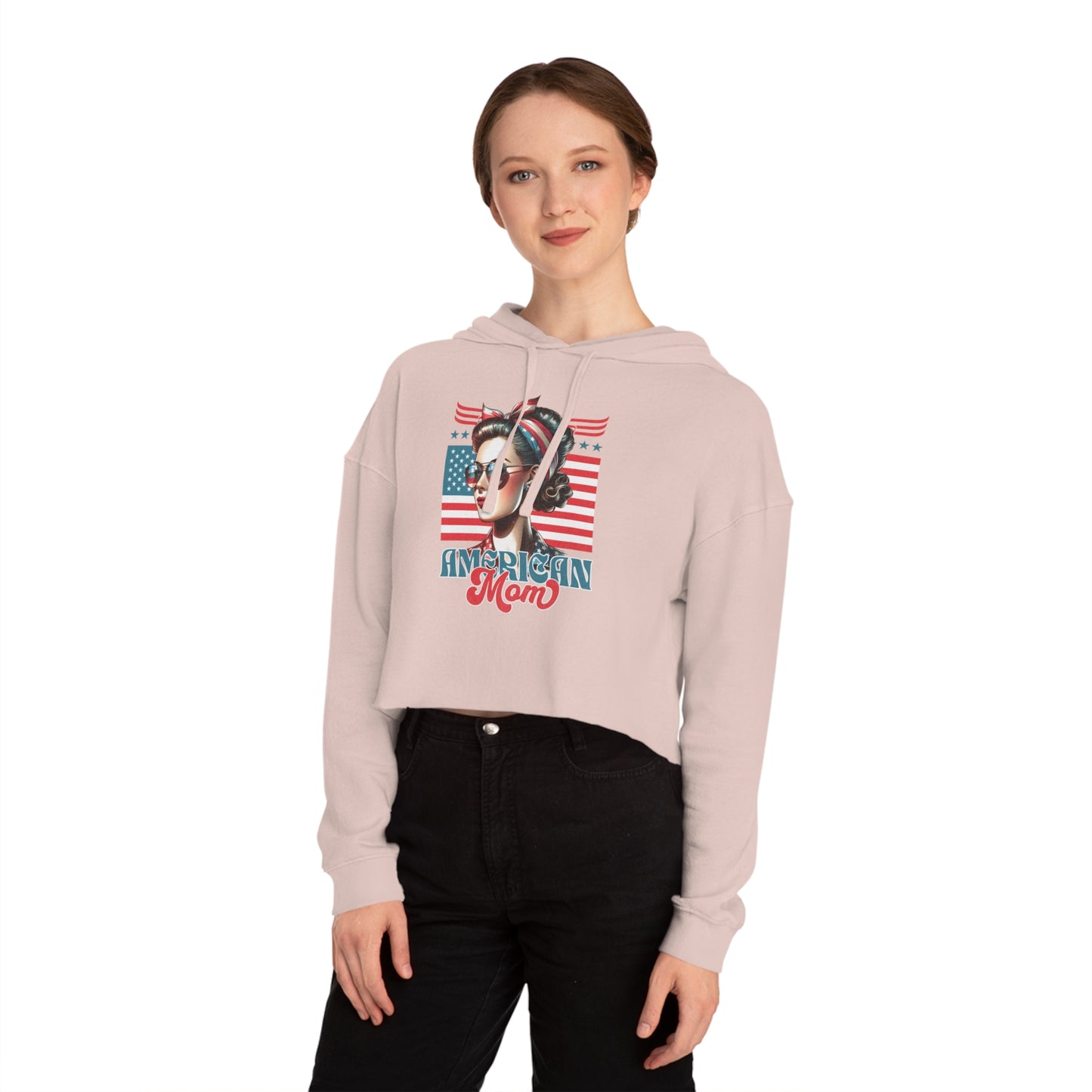 American Mom Cropped Hoodie – Patriotic Sweatshirt for Moms