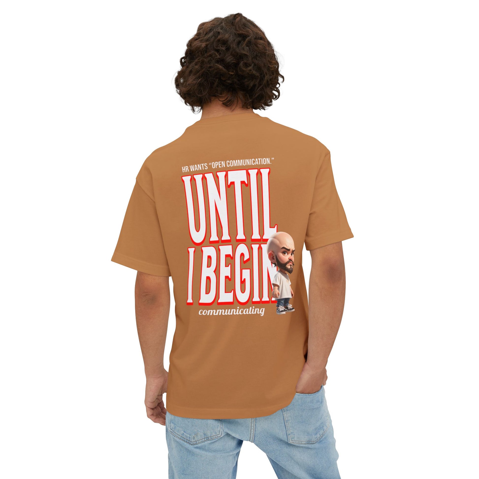 Person wearing a brown t-shirt with text and a graphic on the back, on a white background