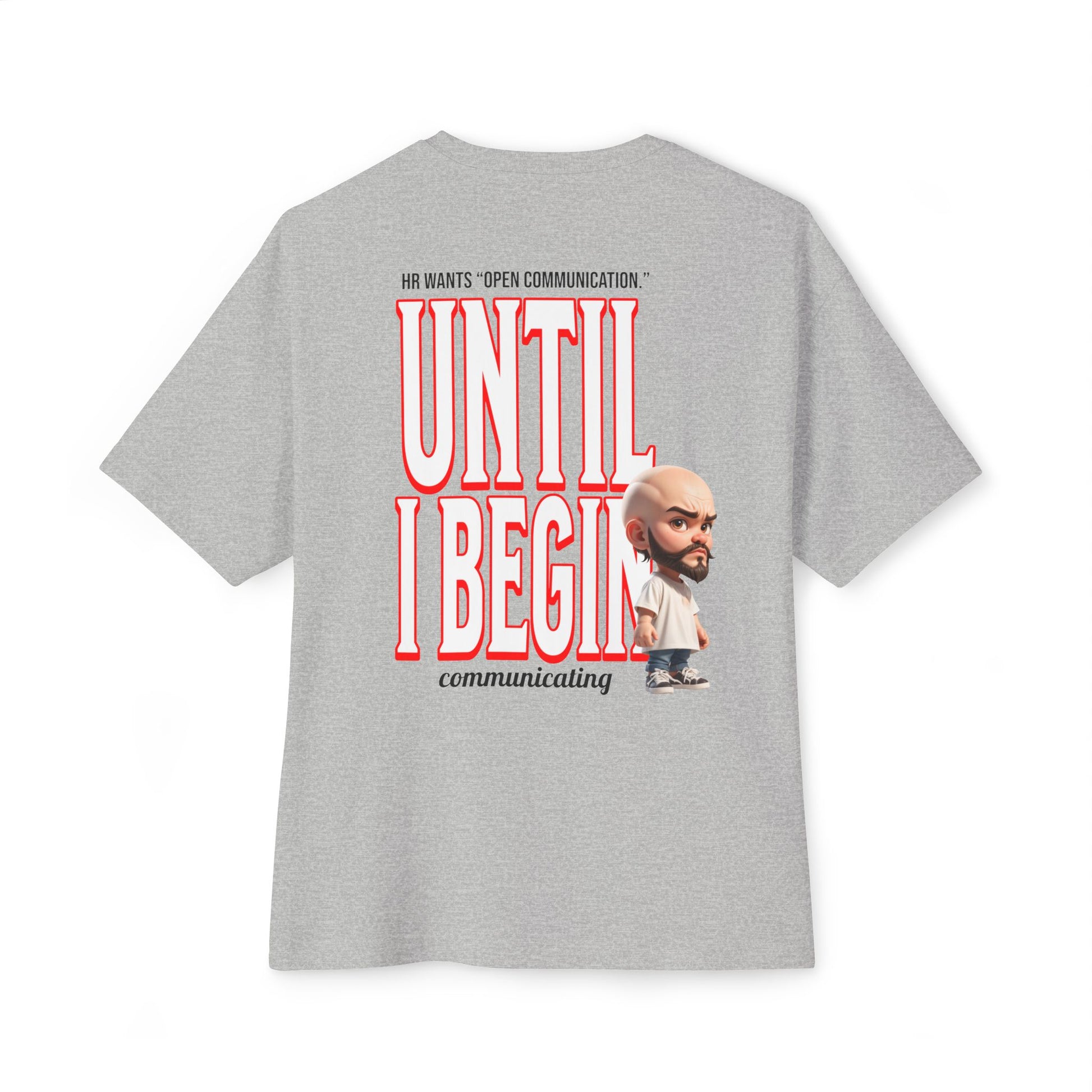 Gray t-shirt with a graphic and text on the back, displayed on a white background