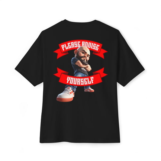 Black t-shirt with a graphic design of a person and text on the back, on a white background.