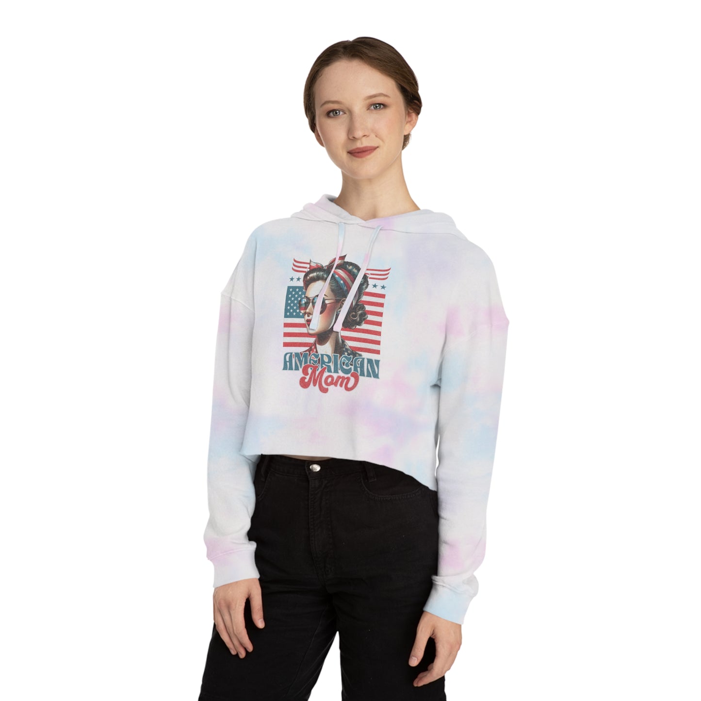 American Mom Cropped Hoodie – Patriotic Sweatshirt for Moms