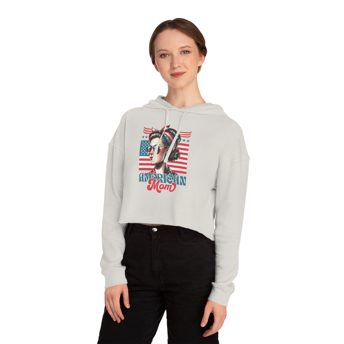 American Mom Cropped Hoodie – Patriotic Sweatshirt for Moms