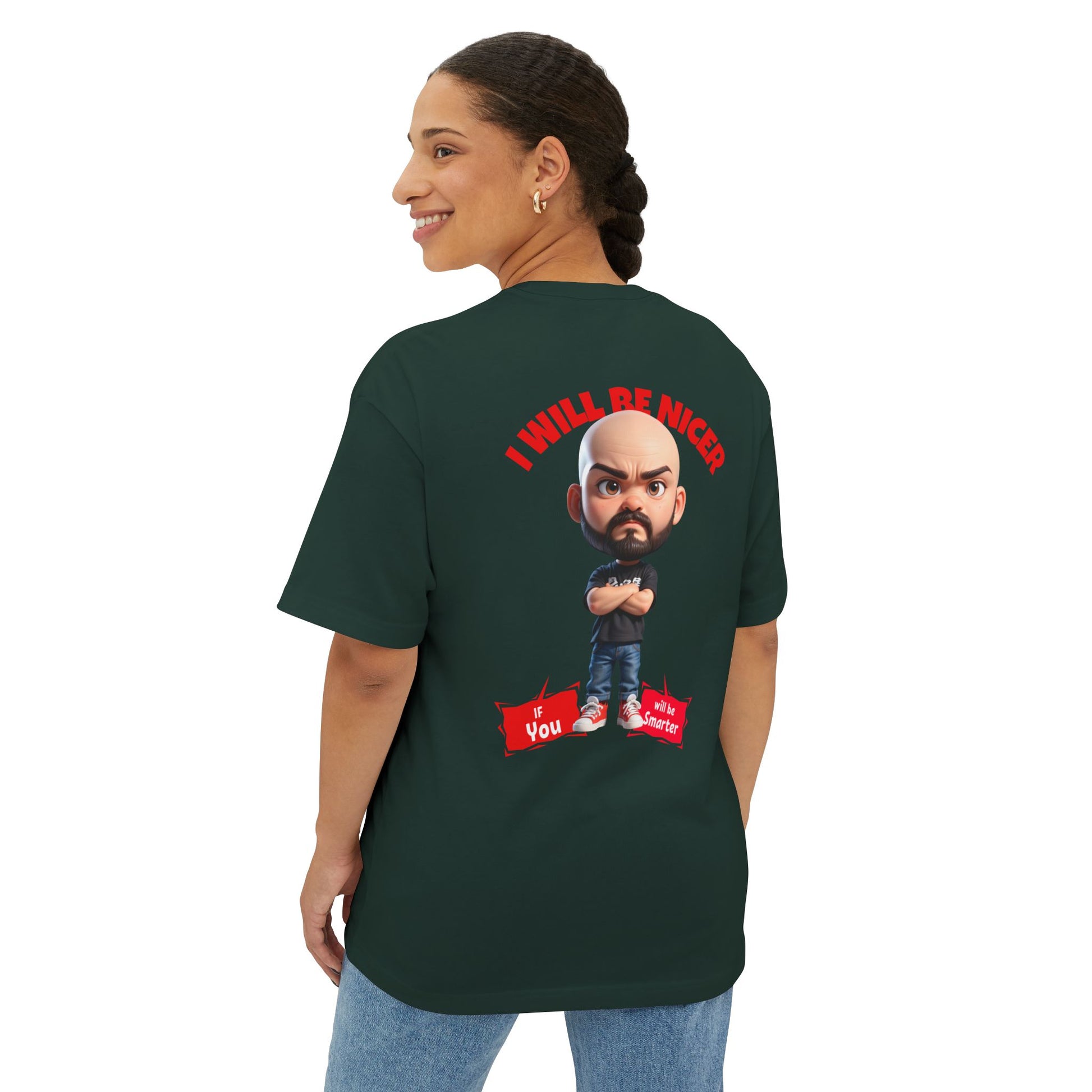 Person wearing a dark green t-shirt with a graphic design on the back, standing against a white background.