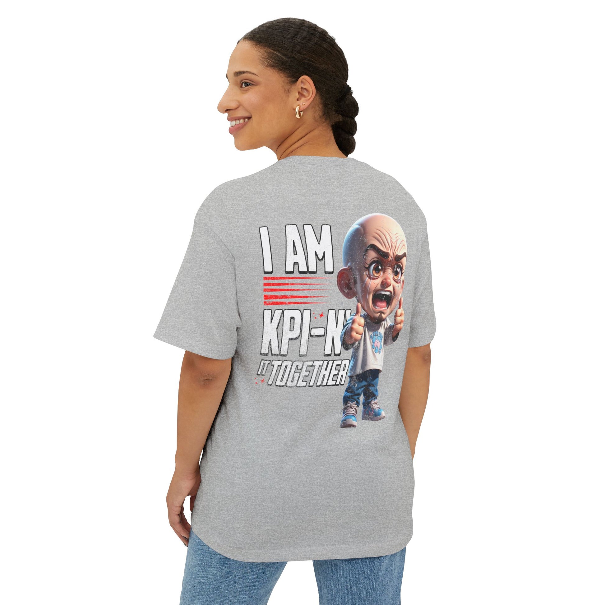 Person wearing a gray t-shirt with a graphic and text on the back