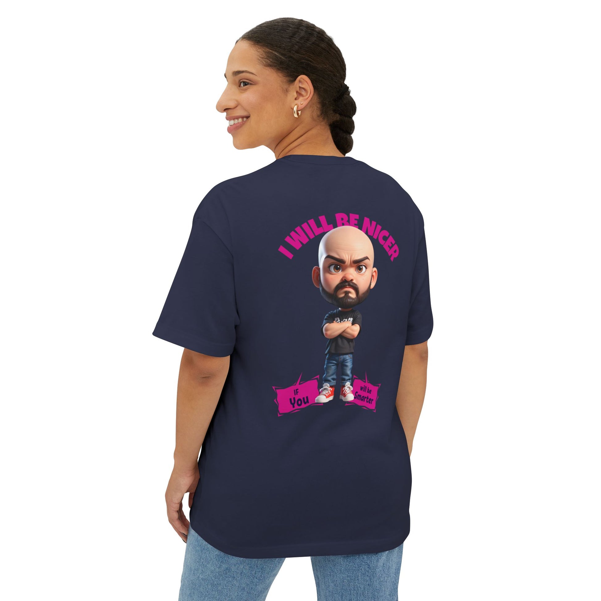 Person wearing a navy blue t-shirt with a graphic design on the back.