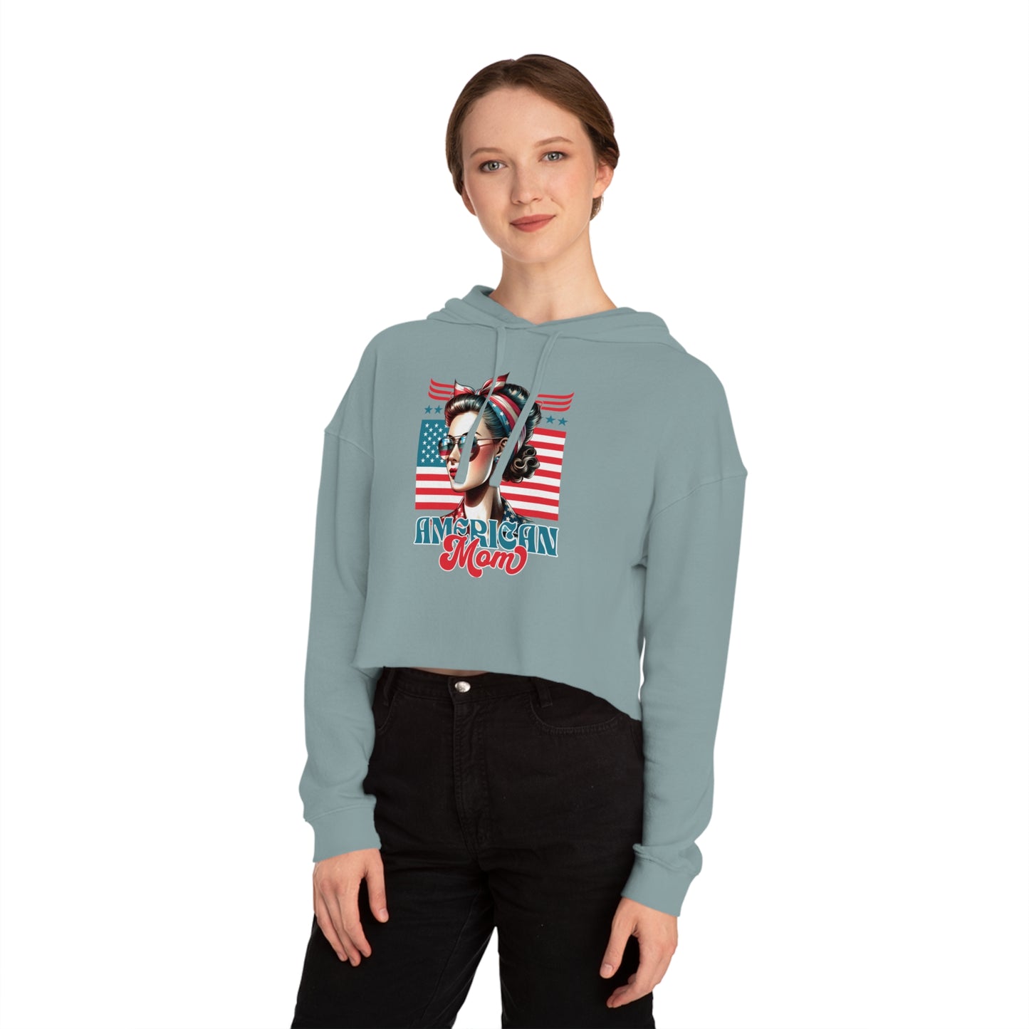 American Mom Cropped Hoodie – Patriotic Sweatshirt for Moms