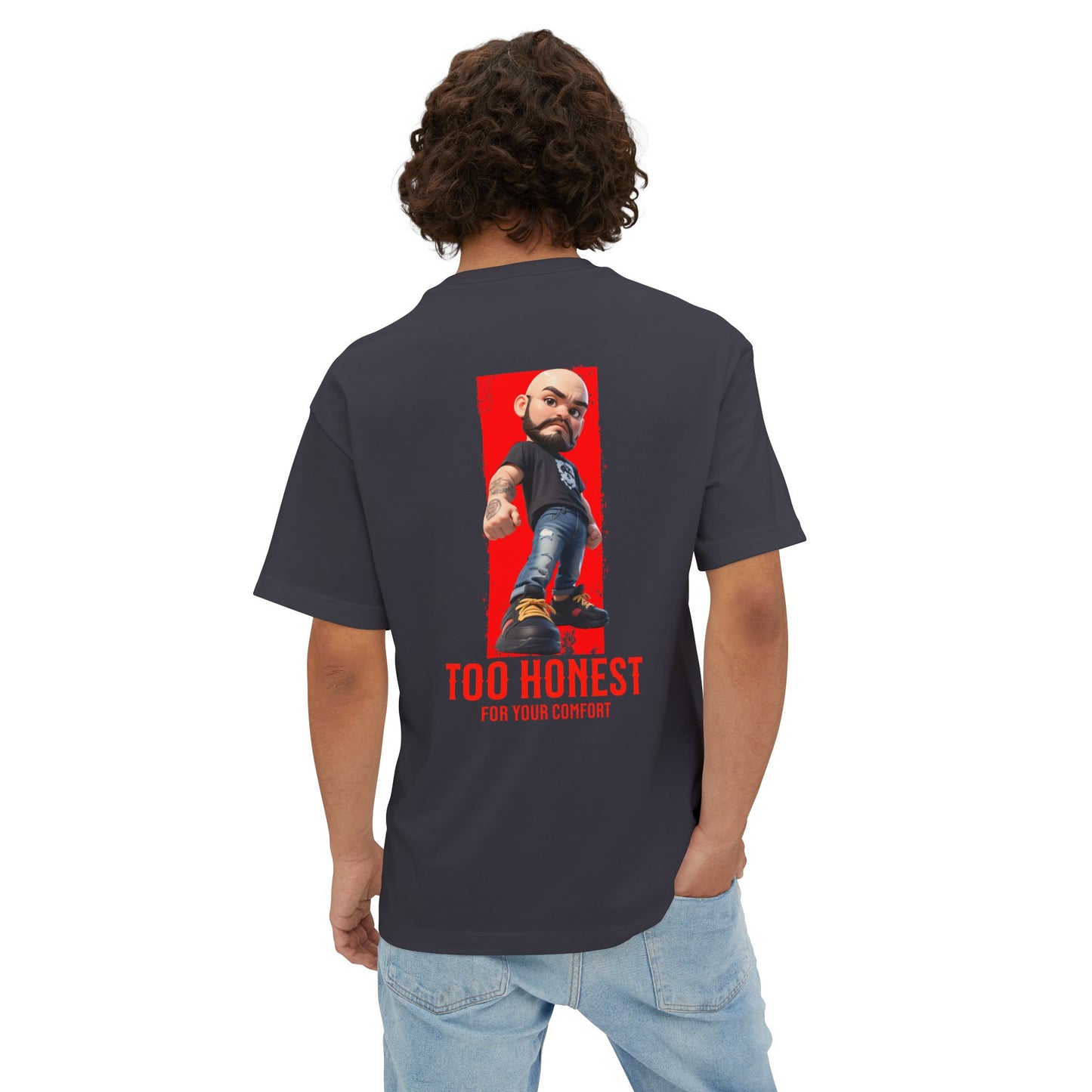 Person wearing a black t-shirt with a graphic design on the back, featuring a person in a red background with text.