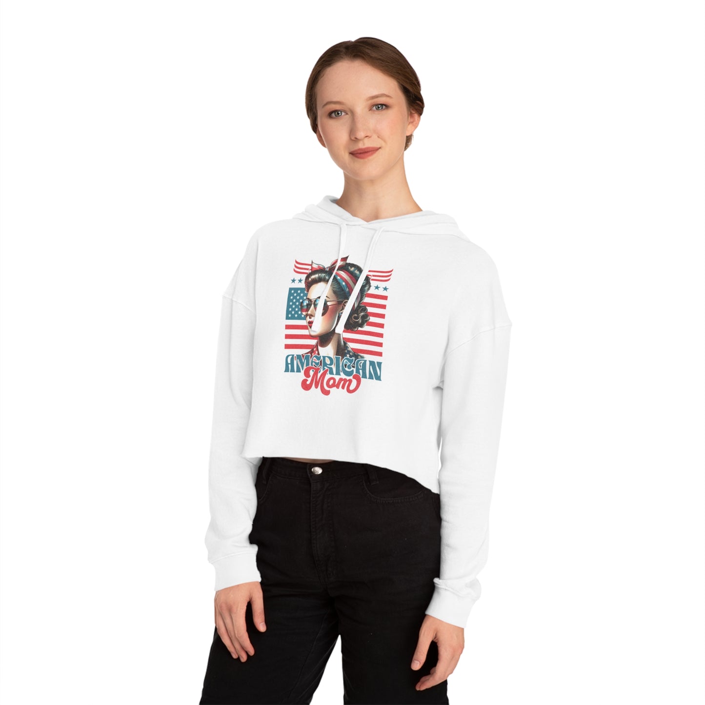 American Mom Cropped Hoodie – Patriotic Sweatshirt for Moms