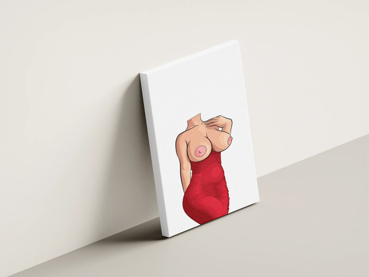 Elegant woman digital art featuring a form-fitting red dress with bold curves, leaning canvas.
