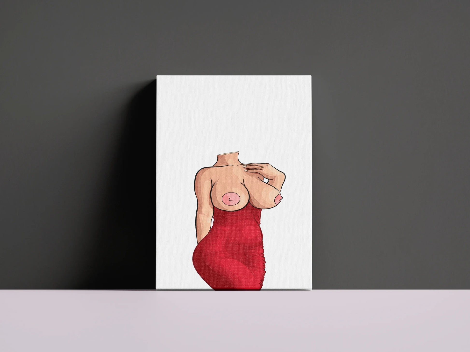Elegant digital art of a woman in a form-fitting red dress, showcasing bold curves and refined details.