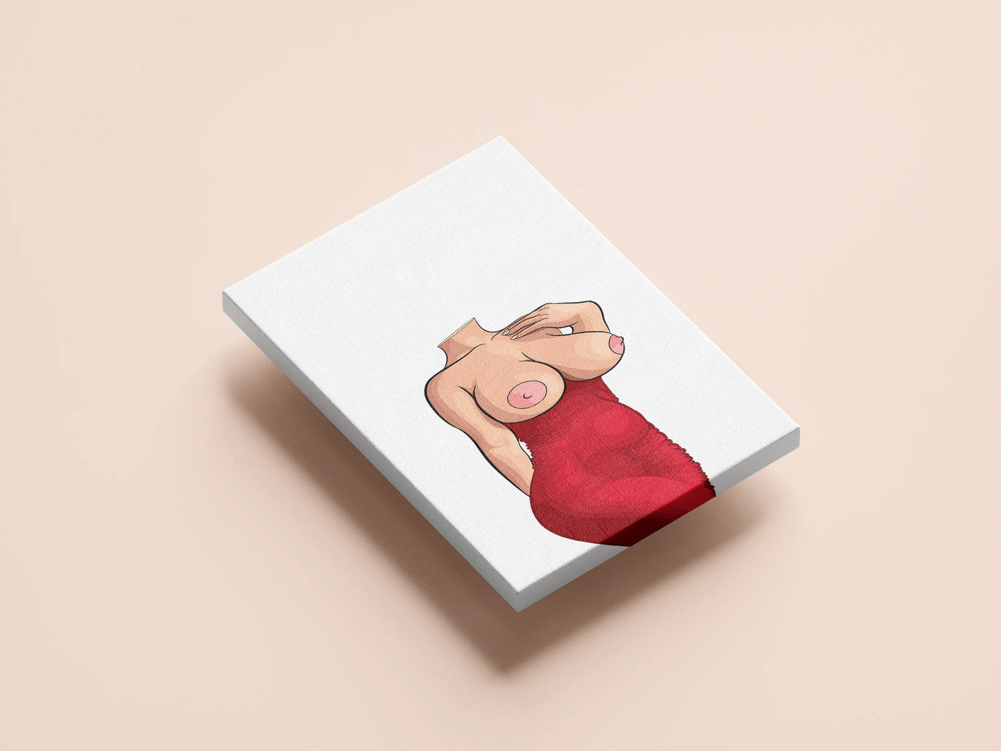 Elegant digital art of a woman in a red dress on canvas showcasing bold curves and contemporary design.