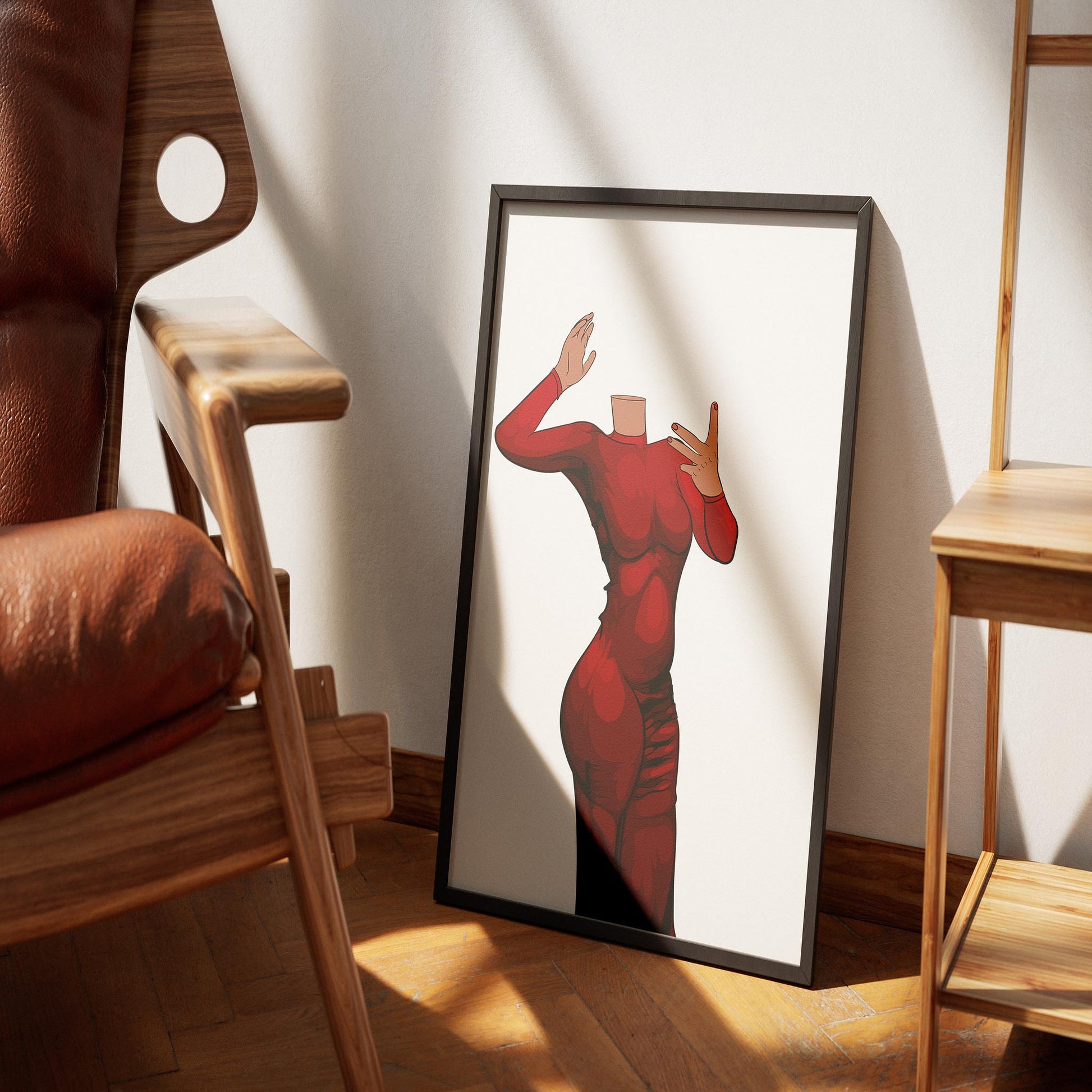 Framed digital illustration of a bold red dress in a dynamic pose, titled "Dynamic Red Pose," showcasing movement and elegance, perfect for art collectors and wall decor enthusiasts.