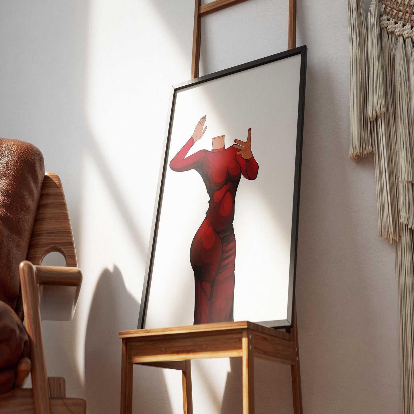 Digital artwork of a bold red dress in a dynamic pose, framed and leaning against a wall, titled "Dress 6 - Digitalized Arts Baked Art".