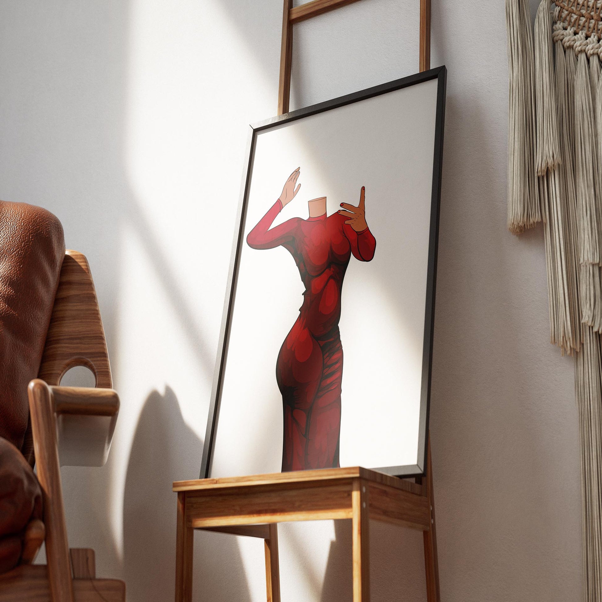 Digital artwork of a bold red dress in a dynamic pose, framed and leaning against a wall, titled "Dress 6 - Digitalized Arts Baked Art".