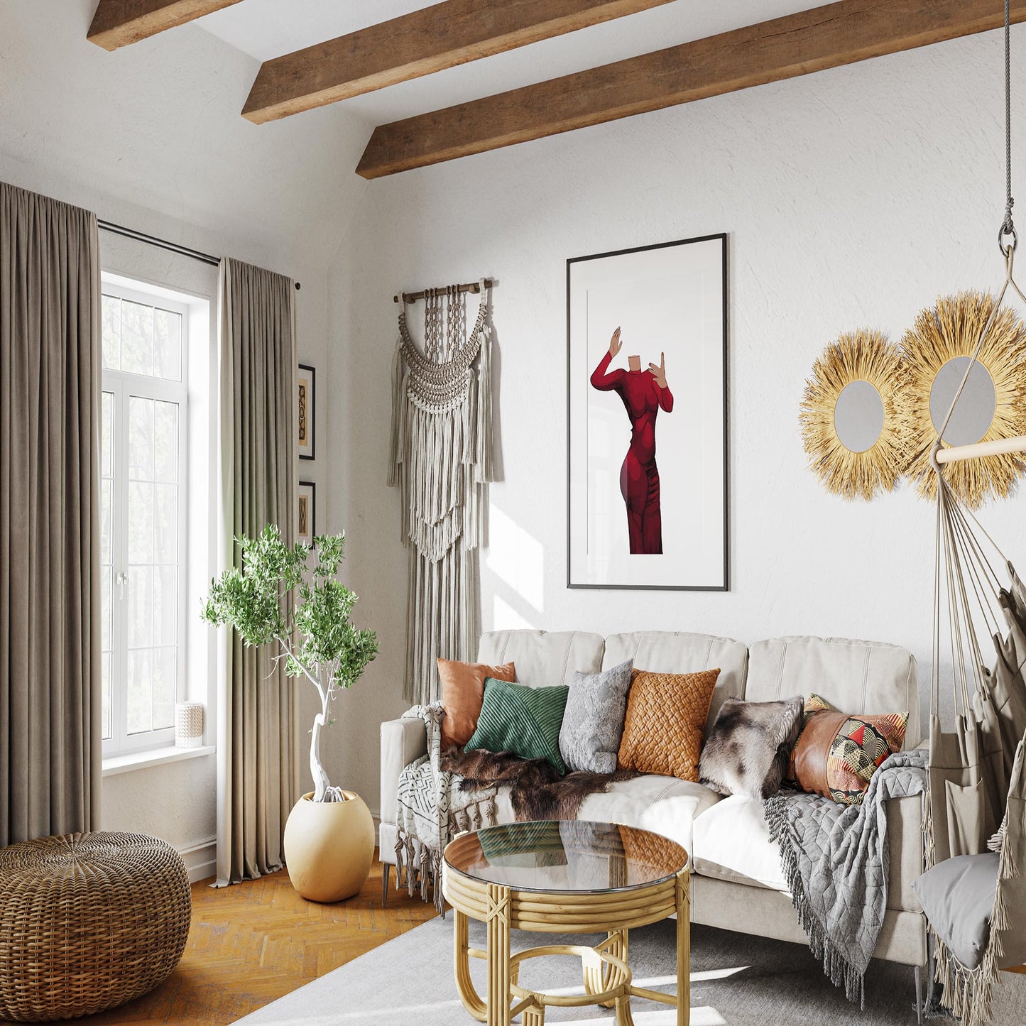 Modern living room with framed digital art of a red dress, emphasizing elegance and energy; "Baked Art - Dress 6."