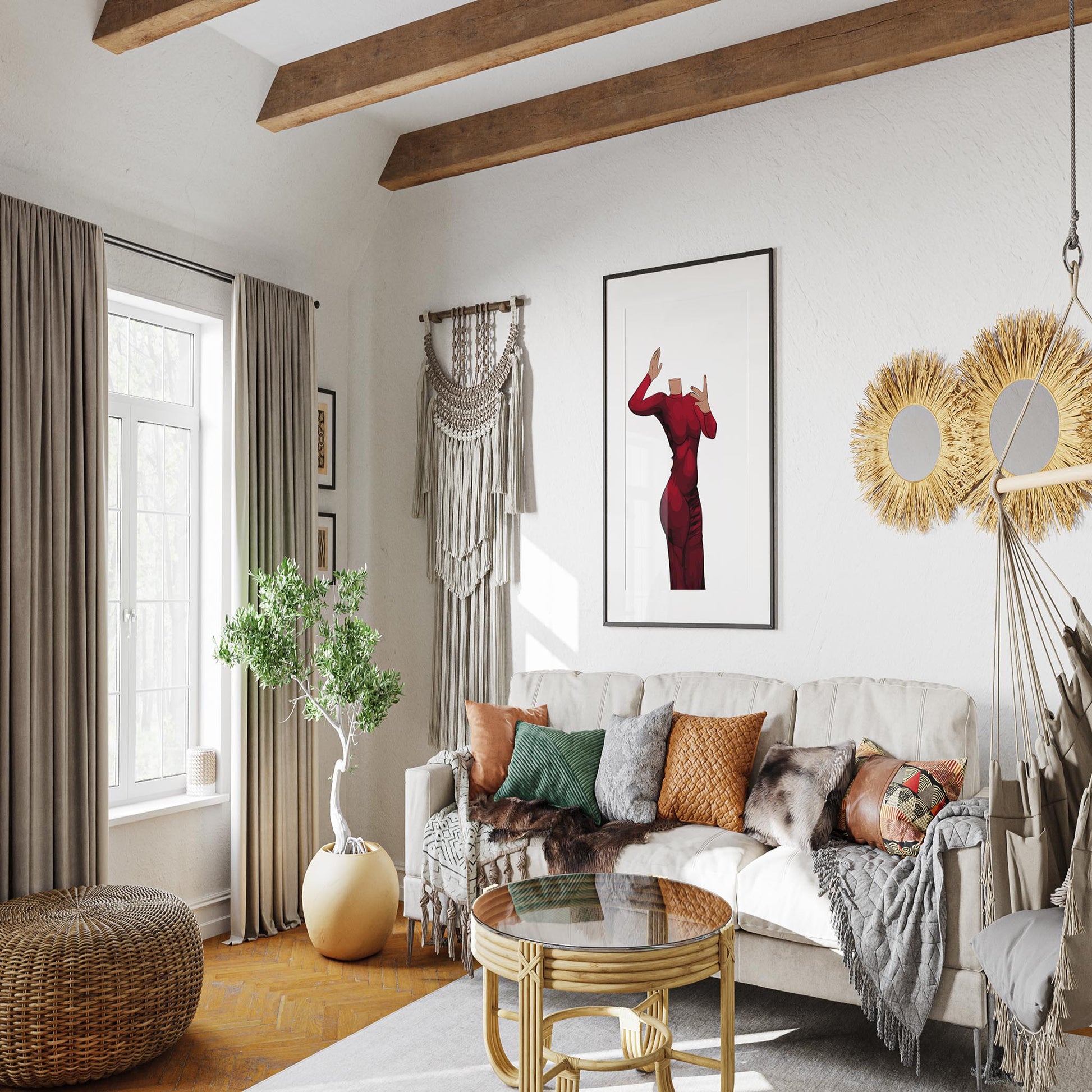 Modern living room with framed digital art of a red dress, emphasizing elegance and energy; "Baked Art - Dress 6."