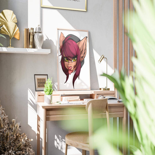 Maroon-haired furry character artwork with yellow eyes in a playful tongue-out pose on a framed print.