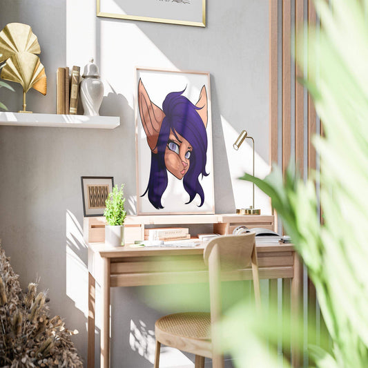 Furry illustration with purple hair and gray eyes in a modern desk setting.