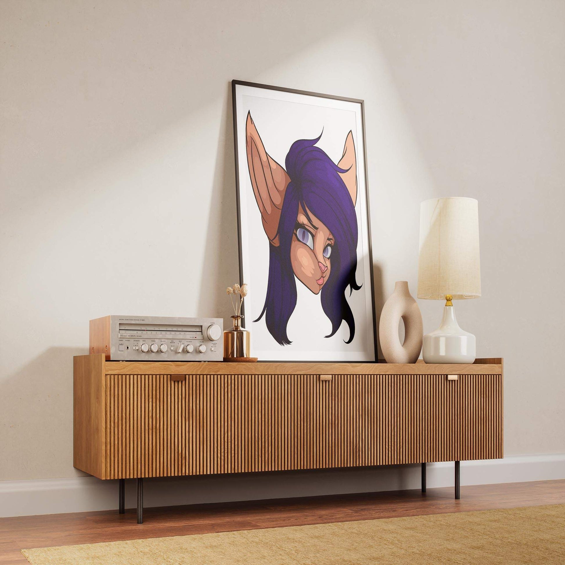 Baked Art - Furries Model 12 illustration with purple hair and gray eyes on a console table.