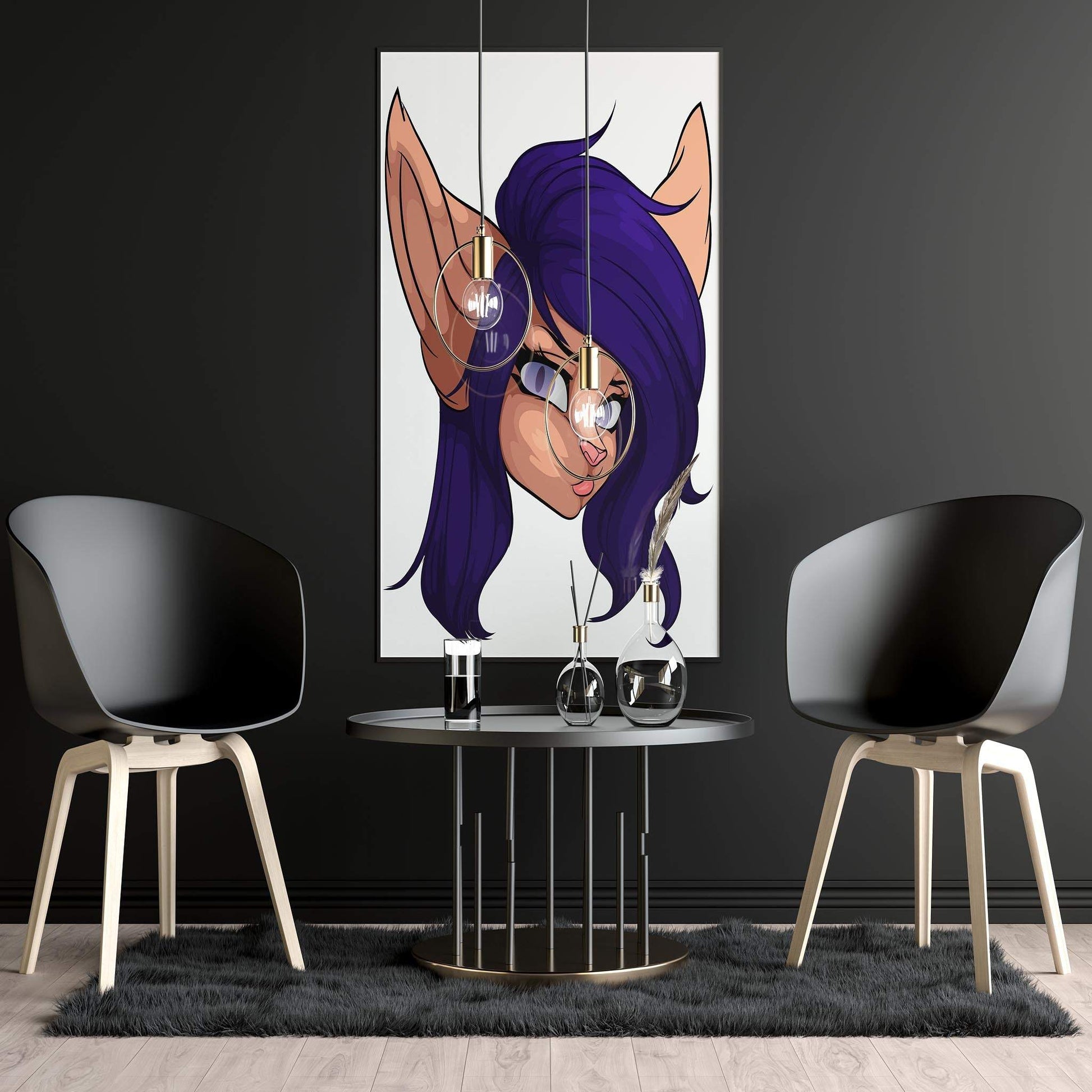Elegant furry illustration with purple hair and gray eyes in a modern setting.