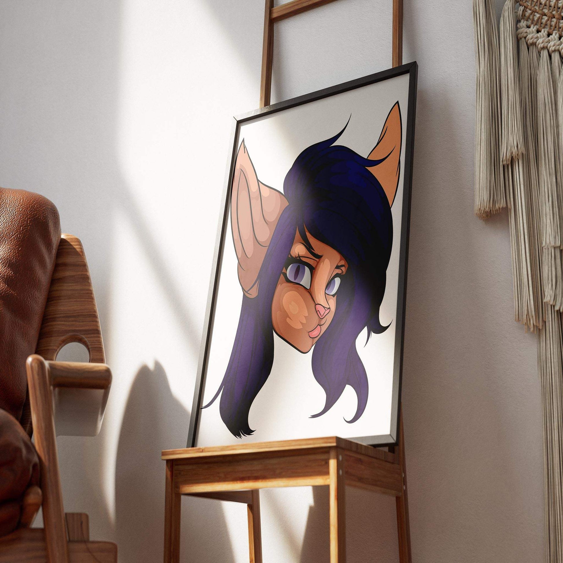 Furries Model 12 art print featuring character with purple hair and gray eyes displayed on a chair.