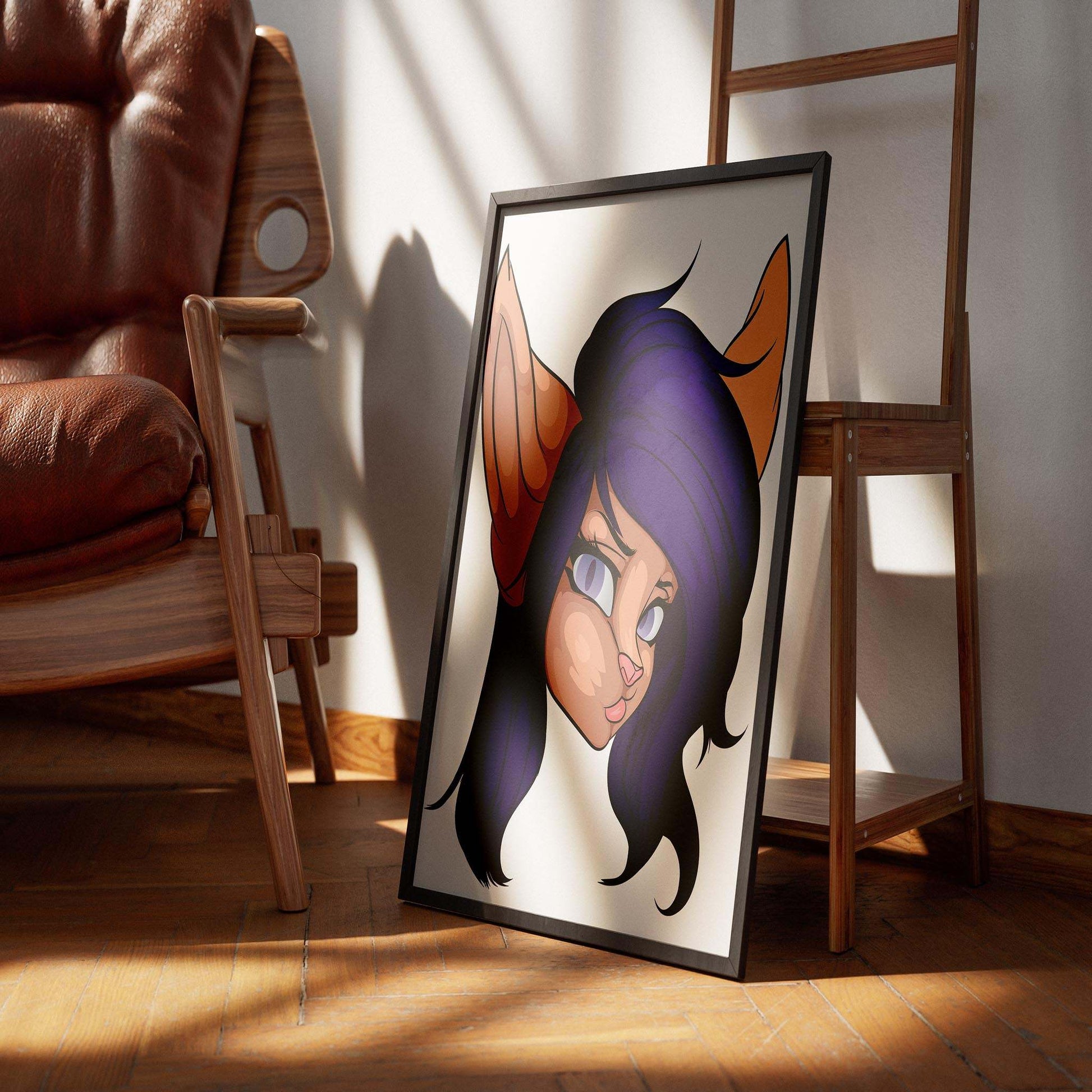 Furry illustration with purple hair and gray eyes in a frame, Baked Art - Furries Model 12.