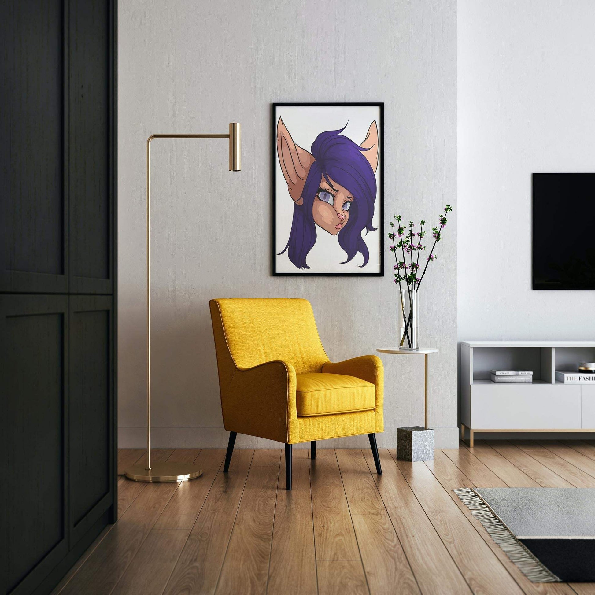 Furry illustration with purple hair and gray eyes, displayed in a modern living room.
