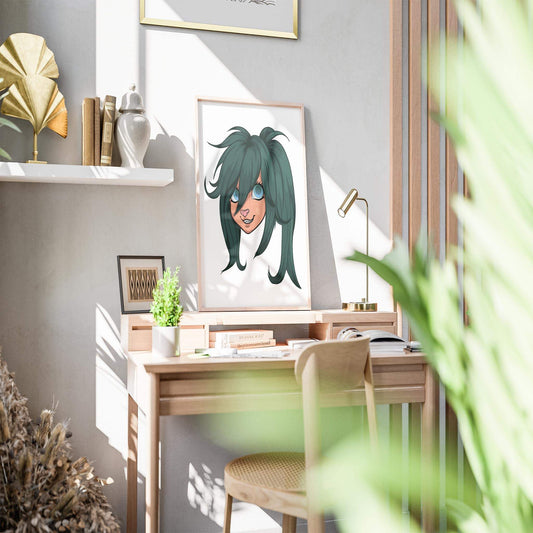 Furry character art featuring vibrant green hair, cheerful blue eyes; Baked Art - Furries Model 14 displayed on a desk.