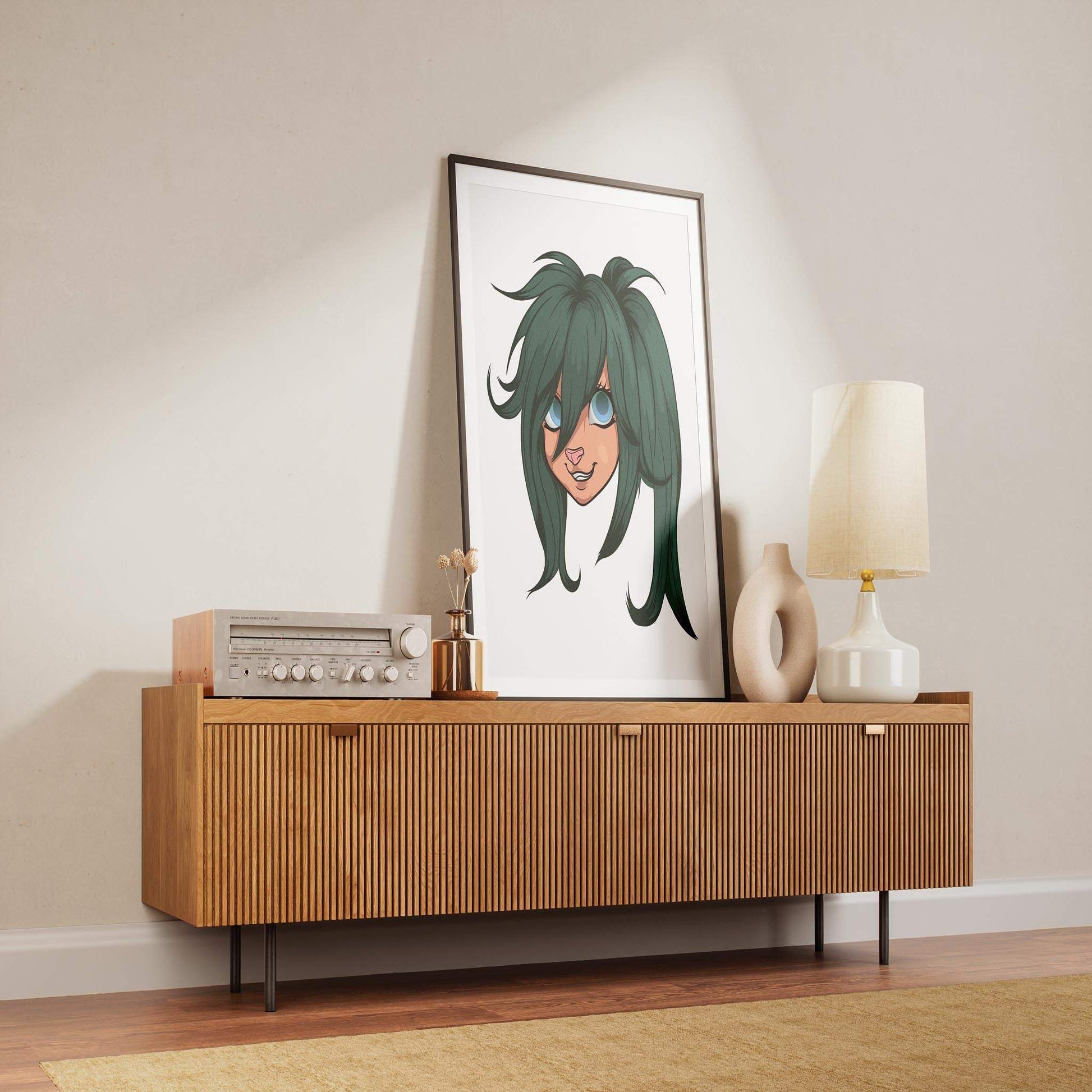 Furry character art with green hair and blue eyes in a frame on a wooden console, Baked Art - Furries Model 14.