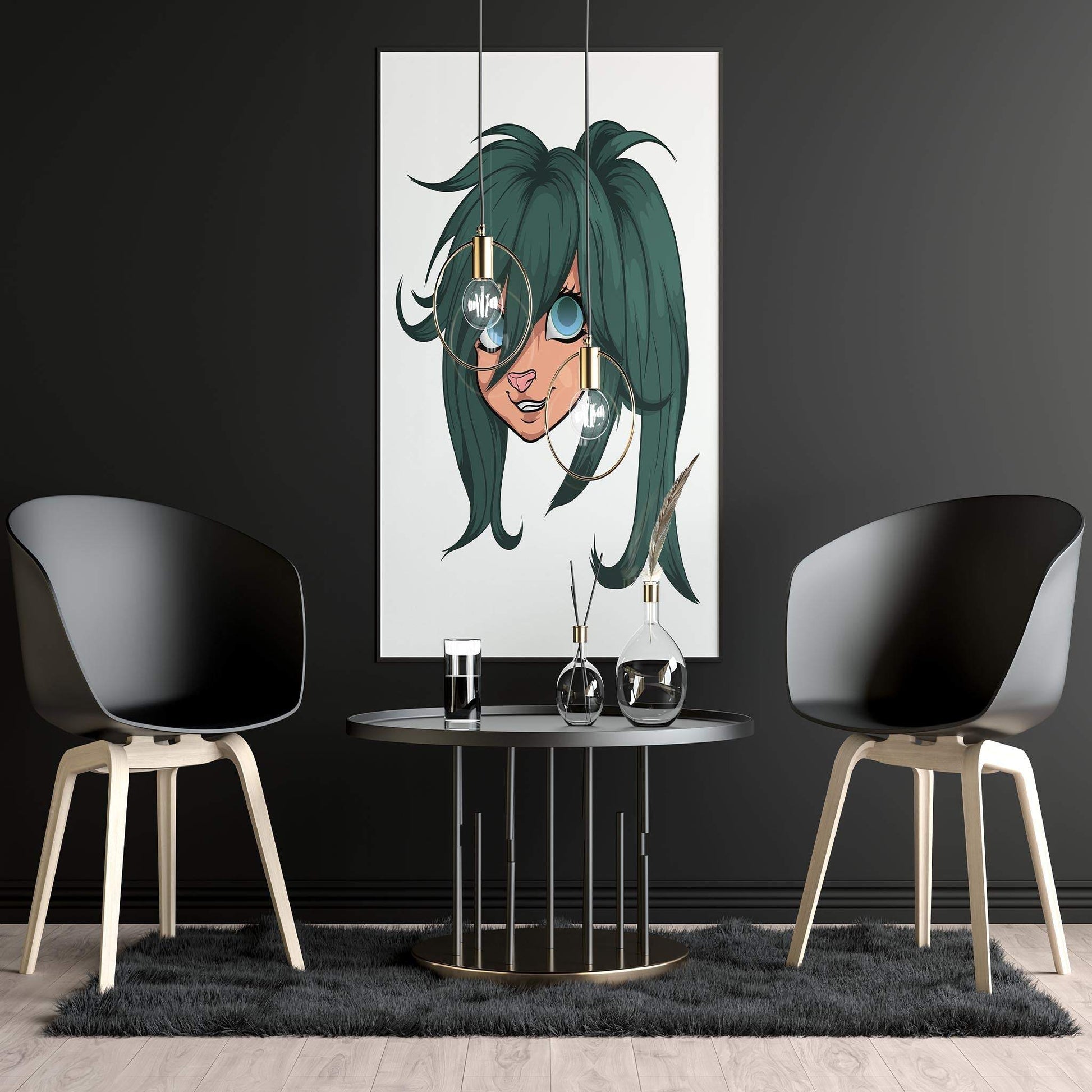 Baked Art - Furries Model 14 with vibrant green hair and blue eyes in a stylish interior setting.