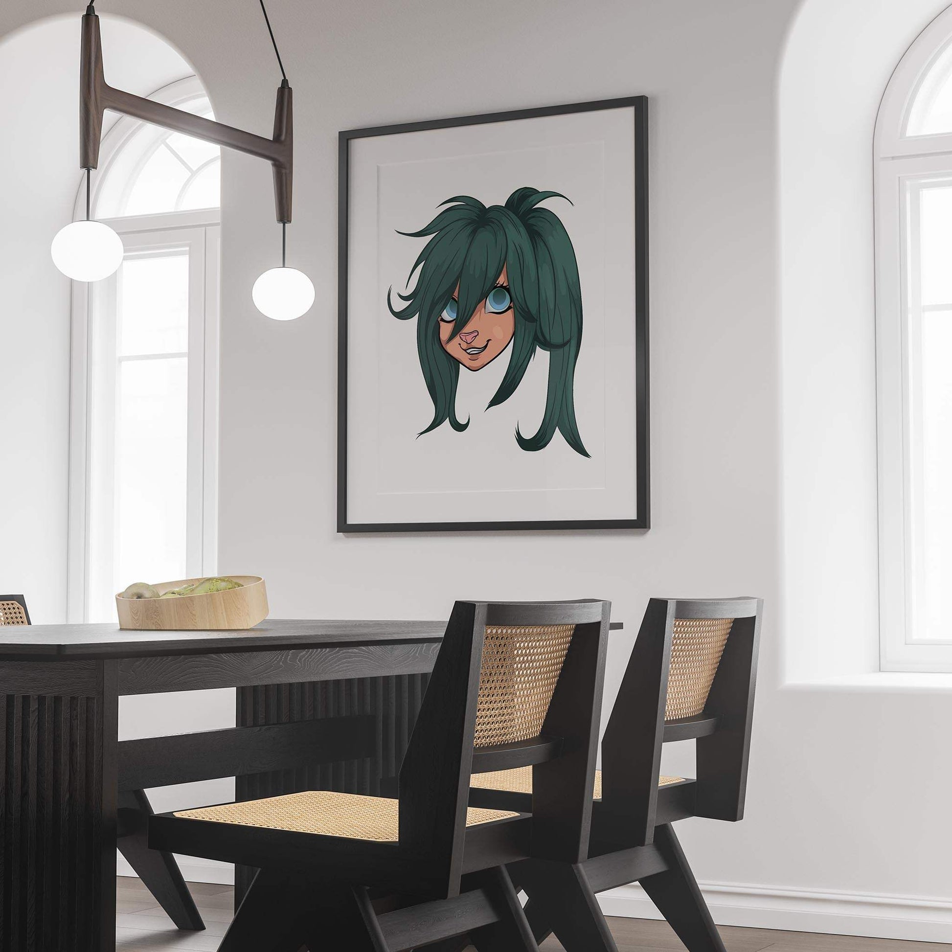 Furry character design with vibrant green hair and cheerful blue eyes, Baked Art - Furries Model 14.