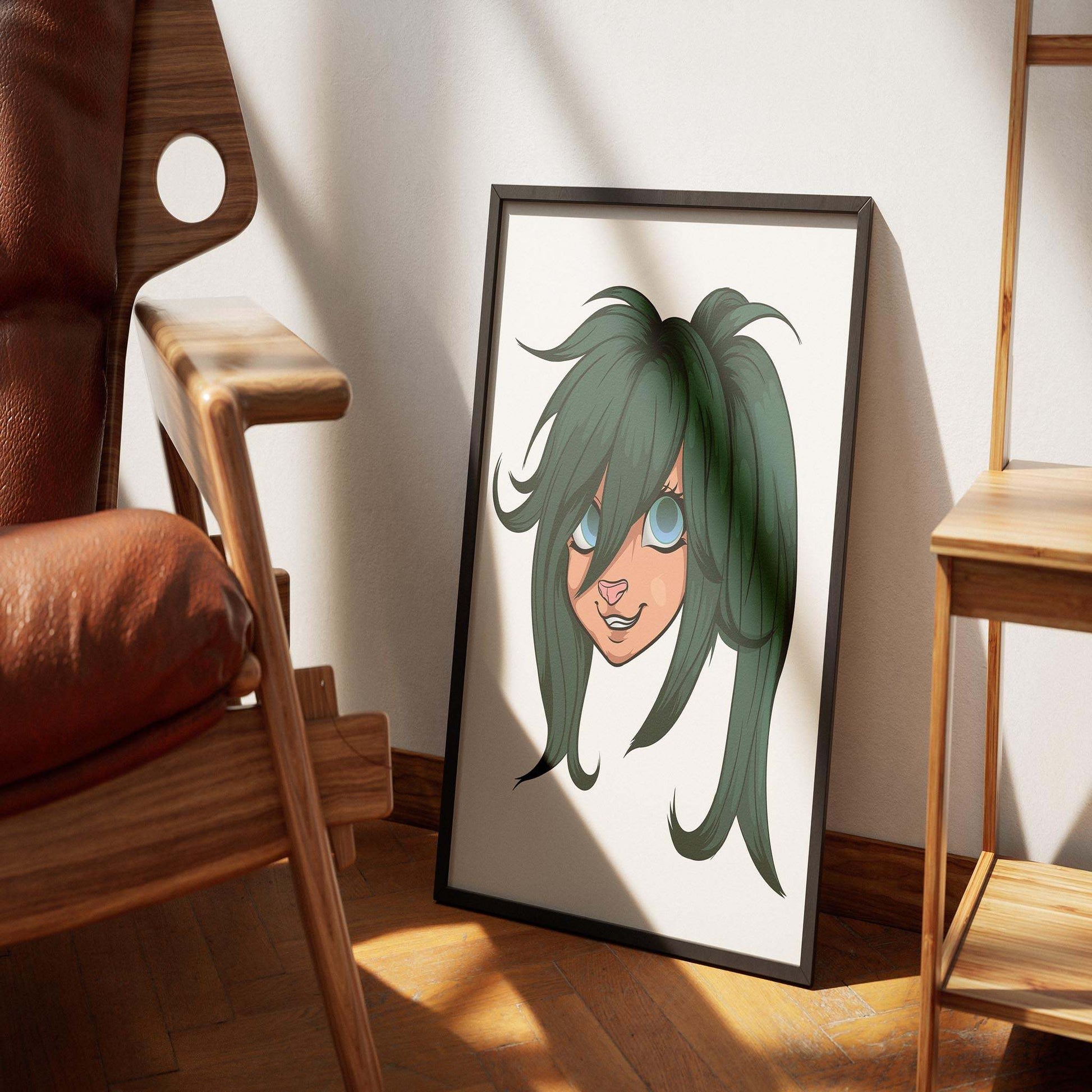 Framed digital artwork featuring a furry character with vibrant green hair and blue eyes, titled "Baked Art - Furries Model 14," displayed on a wooden floor.