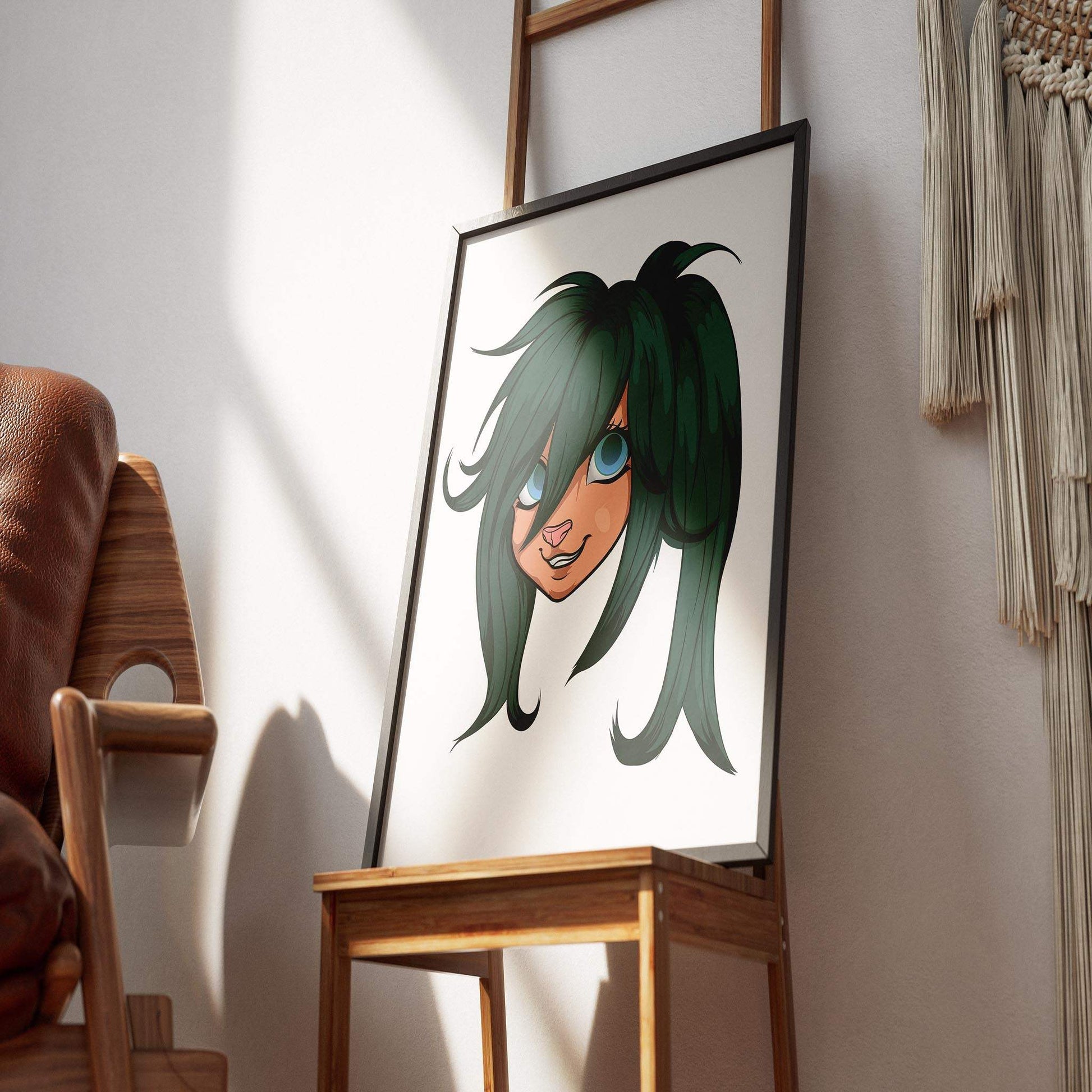 Furry character design with green hair and blue eyes in a framed artwork.