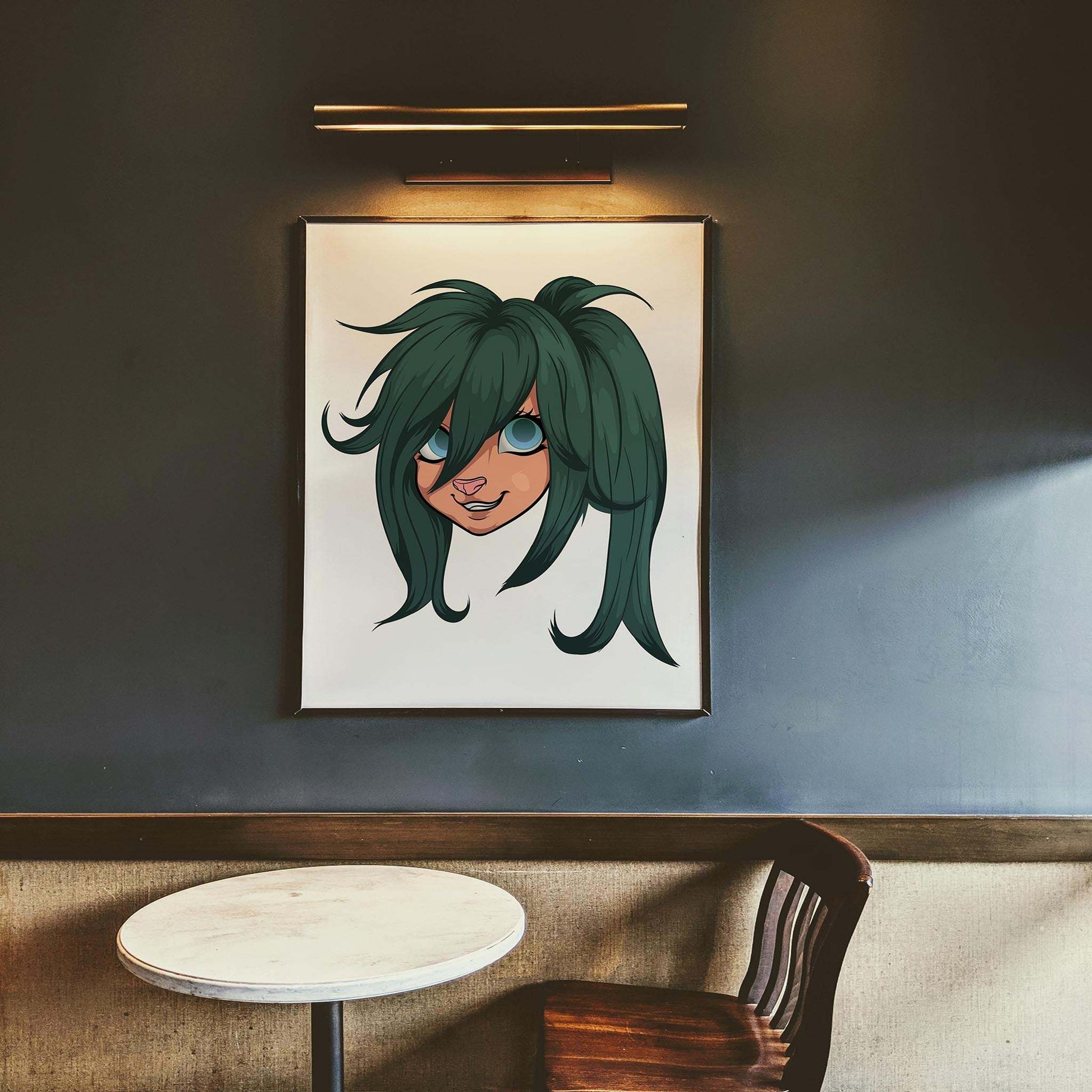 Vibrant furry character art with green hair and blue eyes, titled "Baked Art - Furries Model 14."