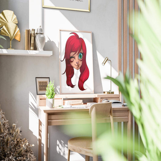 Furries Model 15 digital art with red hair and wink displayed on a desk, showcasing vibrant colors in a modern setting.