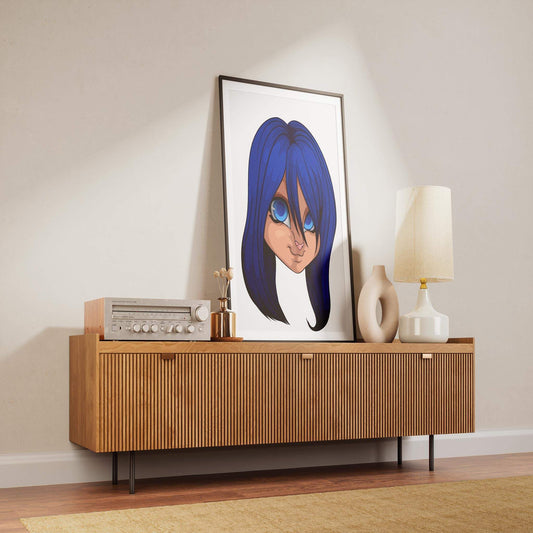 Baked Art - Furries Model 16 with blue hair displayed on a wooden console.