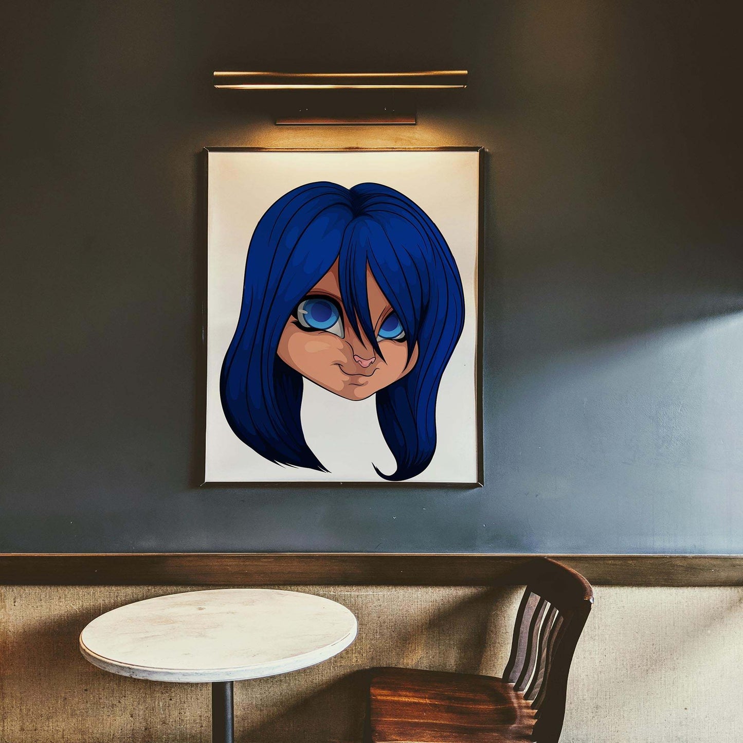Vibrant blue-haired furry digital art on a wall, showcasing expressive eyes and detailed design.