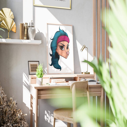 Digital furry art portrait with red headband, Furries Model 17, displayed in modern room.