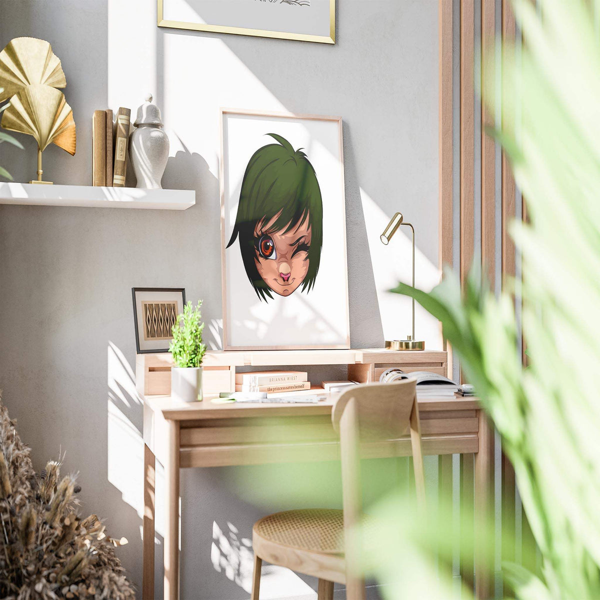 Baked Art Furries Model 1 digital portrait with green eyes and playful expression displayed on desk for home decor.