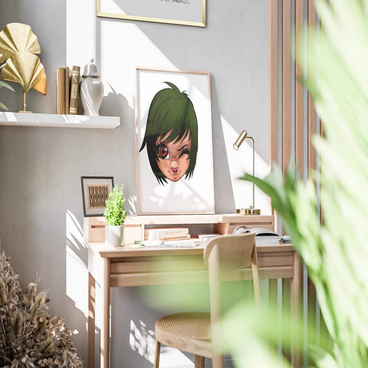 Baked Art Furries Model 1 digital portrait with green eyes and playful expression displayed on desk for home decor.