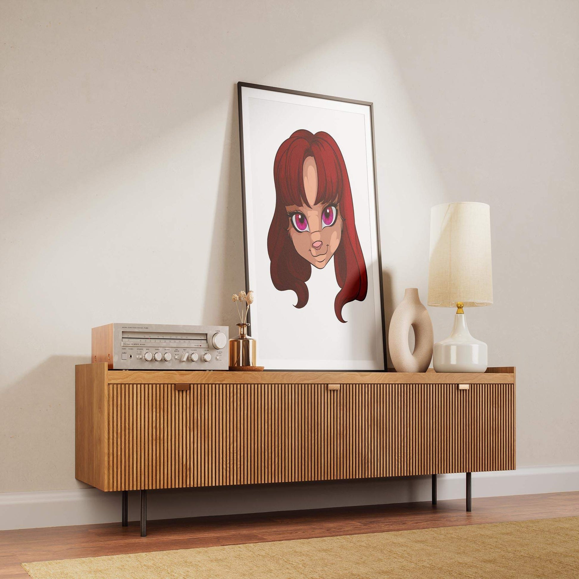 Baked Art - Furries Model 19 digital artwork framed on a wooden console.