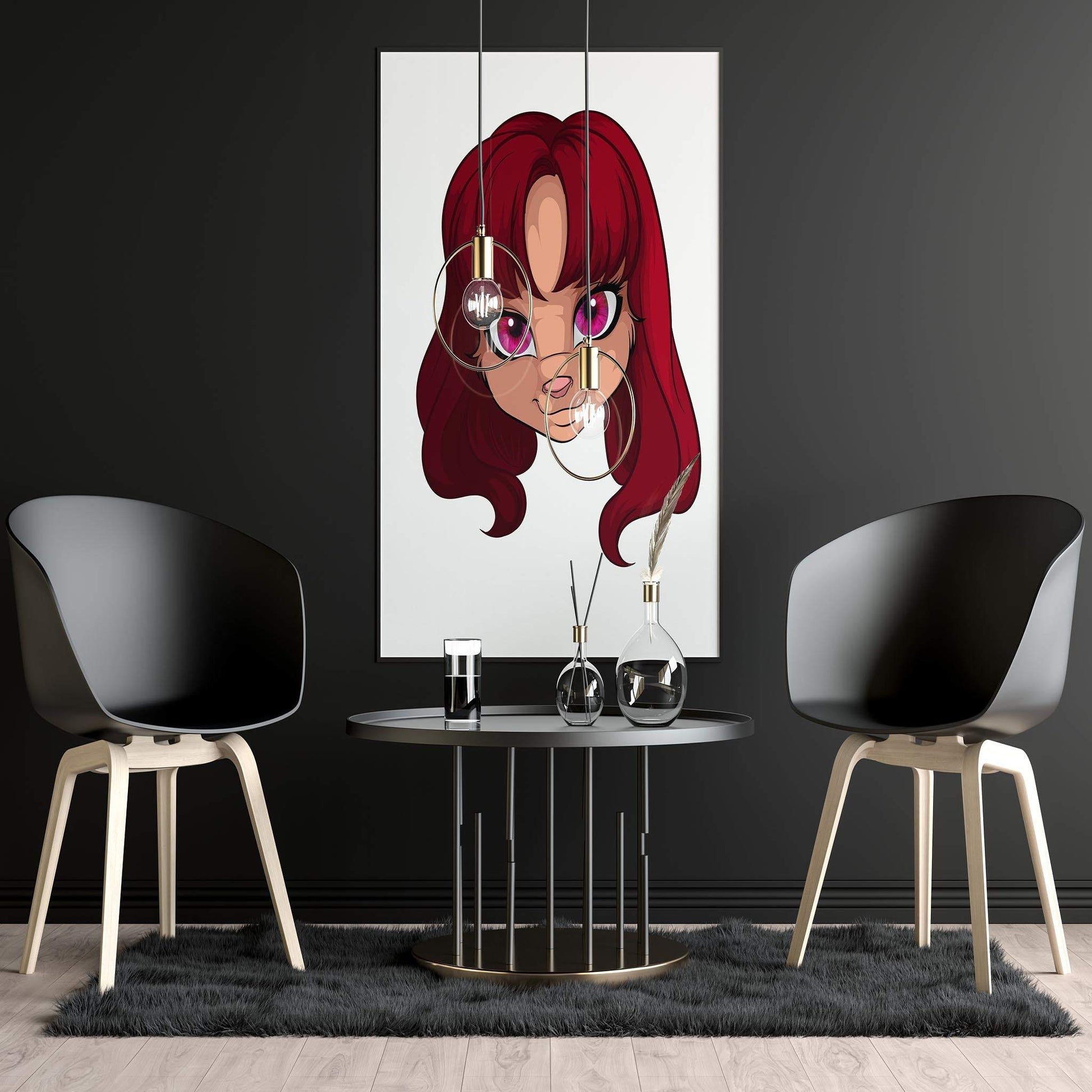Digital artwork featuring a red-haired cartoon character with vivid colors and expressive details, titled "Furries Model 19 - Digitalized Arts Baked Art" displayed in a modern interior setting.