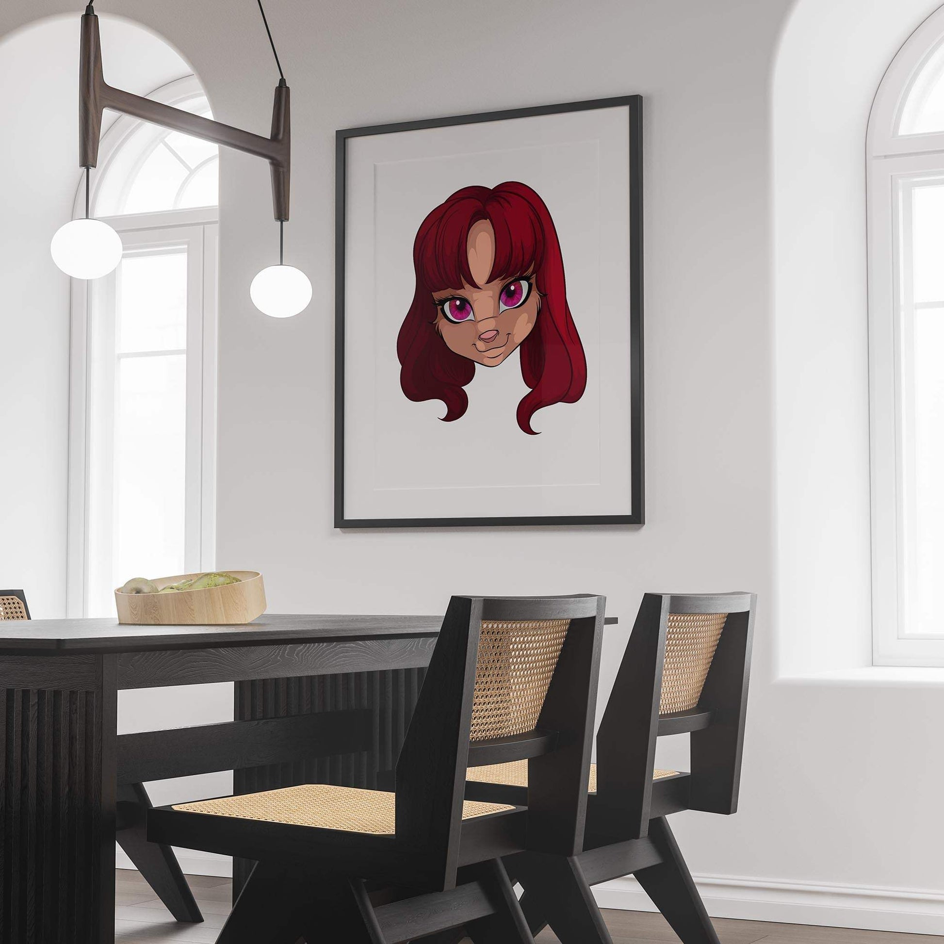Digital artwork titled "Furries Model 19" featuring a playful green-eyed character, framed on a wall.