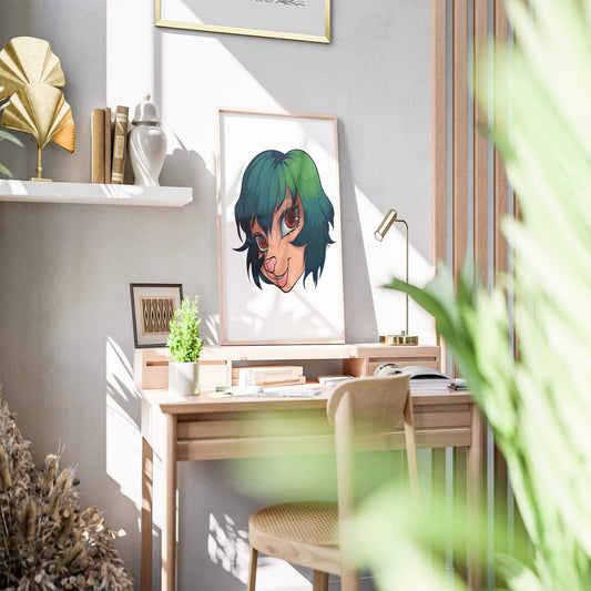 Furries Model 21 digital art illustration with expressive eyes and green-tinged hair displayed in a stylish room setting.