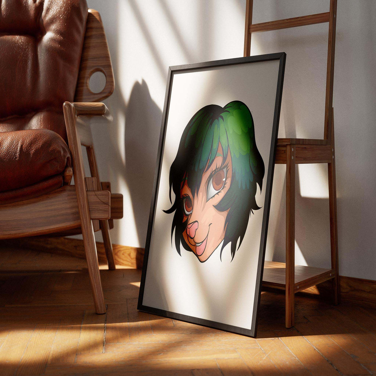 Framed illustration of a furry character with green-tinged hair and brown eyes, titled "Furries Model 21 - Digitalized Arts Baked Art," displayed in a sunlit room.